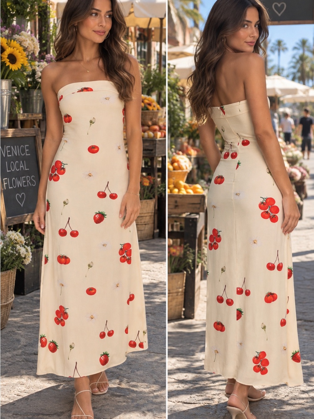 Petal & Pup Cream Strapless Maxi Dress with Red Cherry Print